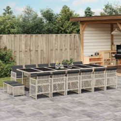 17 Pcs conj. jantar jardim c/ almofadões vime PE cinzento-claro