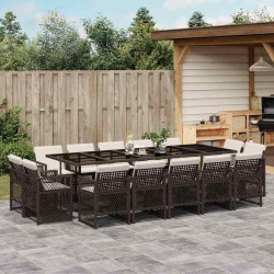 15 Pcs conjunto jantar p/ jardim c/ almofadões vime PE castanho