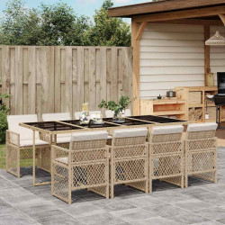 9 Pcs conjunto de jantar p/ jardim com almofadões vime PE bege