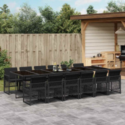 13 Pcs conjunto de jantar p/jardim com almofadões vime PE preto