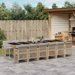 13 Pcs conjunto de jantar p/ jardim com almofadões vime PE bege