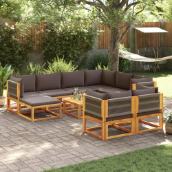 Conjunto de sofás de jardim de 10 peças com almofadas de madeira de acácia e corda