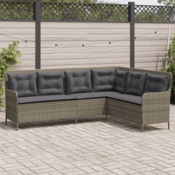 Sofá de jardim em forma de l com almofadões vime PE cinzento