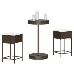 3 Pcs conjunto de bar p/ jardim com almofadões vime PE castanho