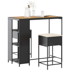 3 Pcs conjunto de bar para jardim c/ almofadões vime PE preto