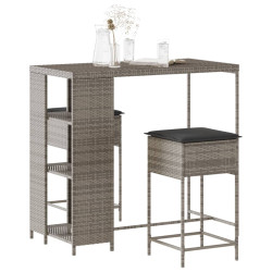 3 Pcs conjunto de bar p/ jardim c/ almofadões vime PE cinzento
