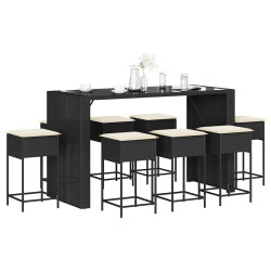 9 Pcs conjunto de bar para jardim c/ almofadões vime PE preto