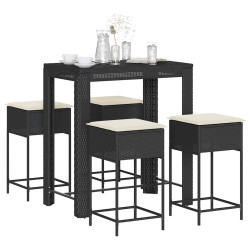 5 Pcs conjunto de bar p/ jardim c/ almofadões vime PE preto