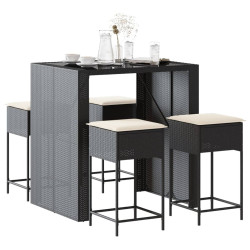 5 Pcs conjunto de bar p/ jardim c/ almofadões vime PE preto