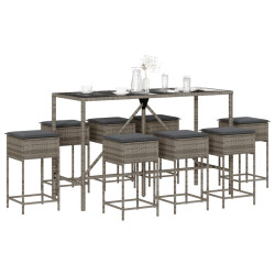 9 Pcs conjunto de bar p/ jardim c/ almofadões vime PE cinzento