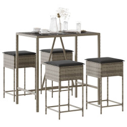 5 Pcs conjunto de bar p/ jardim c/ almofadões vime PE cinzento