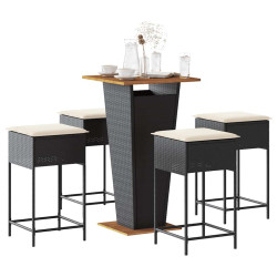 5 Pcs conjunto de bar p/ jardim c/ almofadões vime PE preto
