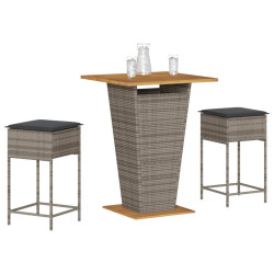 3 Pcs conjunto de bar p/ jardim c/ almofadões vime PE cinzento