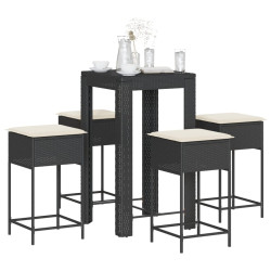 5 Pcs conjunto de bar p/ jardim c/ almofadões vime PE preto