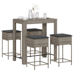 5 Pcs conjunto de bar p/ jardim c/ almofadões vime PE cinzento