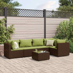 6 Pcs conj. lounge jardim c/ almofadões 6 pcs vime PE castanho
