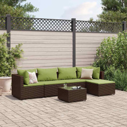 6 Pcs conj. lounge jardim c/ almofadões 6 pcs vime PE castanho