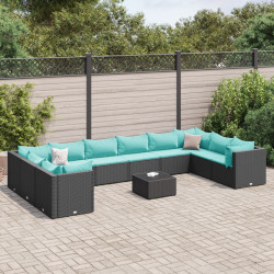 11 Pcs conjunto lounge de jardim c/ almofadões vime PE preto