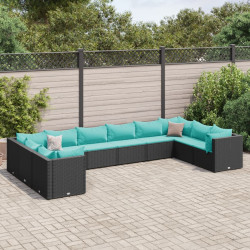 10 Pcs conjunto lounge de jardim c/ almofadões vime PE preto