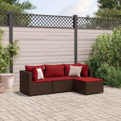 4 Pcs conjunto lounge jardim c/ almofadões vime PE castanho