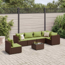 7 Pcs conjunto lounge de jardim c/ almofadões vime PE castanho