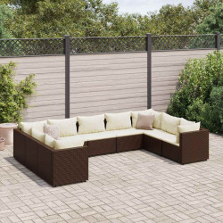9 Pcs conjunto lounge de jardim c/ almofadões vime PE castanho