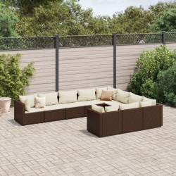 10 Pcs conj. sofás jardim com almofadões vime PE castanho