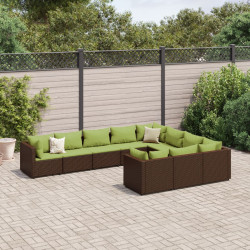 10 Pcs conj. sofás jardim com almofadões vime PE castanho