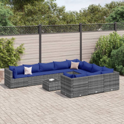 11 Pcs conjunto sofás de jardim c/ almofadões vime PE cinzento