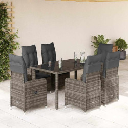 7 Pcs conjunto bistrô de jardim c/ almofadões vime PE cinza