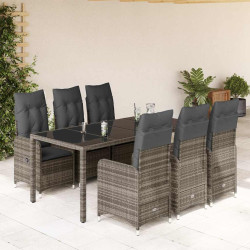 7 Pcs conjunto bistrô de jardim c/ almofadões vime PE cinza
