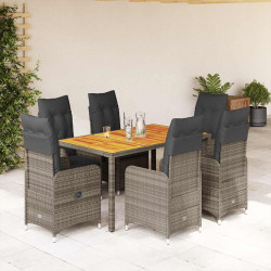 7 Pcs conjunto bistrô de jardim c/ almofadões vime PE cinza