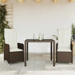 3 Pcs conjunto bistrô de jardim c/ almofadões vime PE castanho