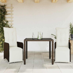 3 Pcs conjunto bistrô de jardim c/ almofadões vime PE castanho