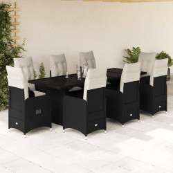 9 Pcs conjunto de bistrô p/ jardim c/ almofadões vime PE preto