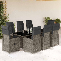 9 Pcs conjunto bistrô de jardim c/ almofadões vime PE cinzento