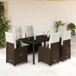 7 Pcs conjunto bistrô de jardim c/ almofadões vime PE castanho