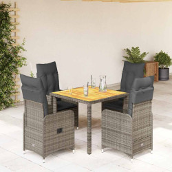 5 Pcs conjunto bistrô de jardim c/ almofadões vime PE cinza