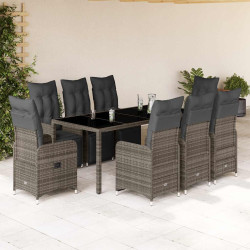 9 Pcs conjunto bistrô de jardim c/ almofadões vime PE cinzento
