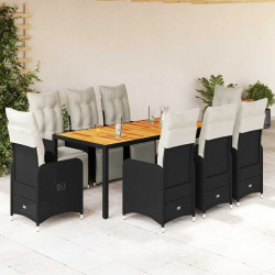 9 Pcs conjunto de bistrô p/ jardim c/ almofadões vime PE preto
