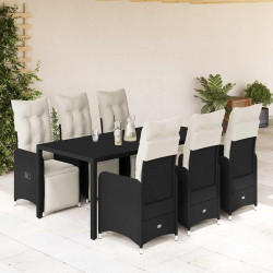 7 Pcs conjunto de bistrô p/ jardim c/ almofadões vime PE preto