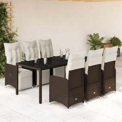 7 Pcs conjunto bistrô de jardim c/ almofadões vime PE castanho