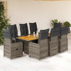 9 Pcs conjunto bistrô de jardim c/ almofadões vime PE cinzento