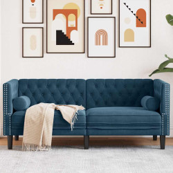Sofá chesterfield com rolos 2 lugares veludo azul