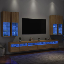 7 Pcs conj. móveis de parede p/ TV c/ luzes LED carvalho sonoma