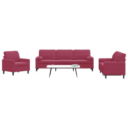 3Pcs conjunto sofás c/ almofadões e rolos veludo vermelho tinto