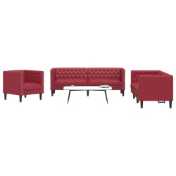 3 Pcs conj. de sofás chesterfield couro artif. vermelho tinto