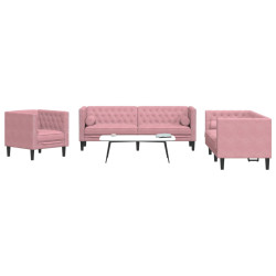 3 Pcs conjunto de sofás chesterfield com rolos veludo rosa