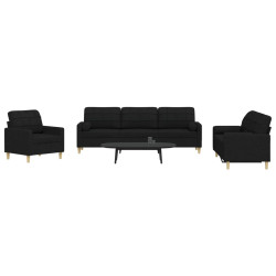 3 Pcs conjunto de sofás com almofadas decorativas tecido preto
