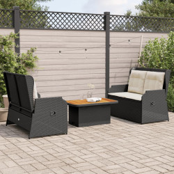 3 Pcs conjunto lounge de jardim c/ almofadões vime PE preto